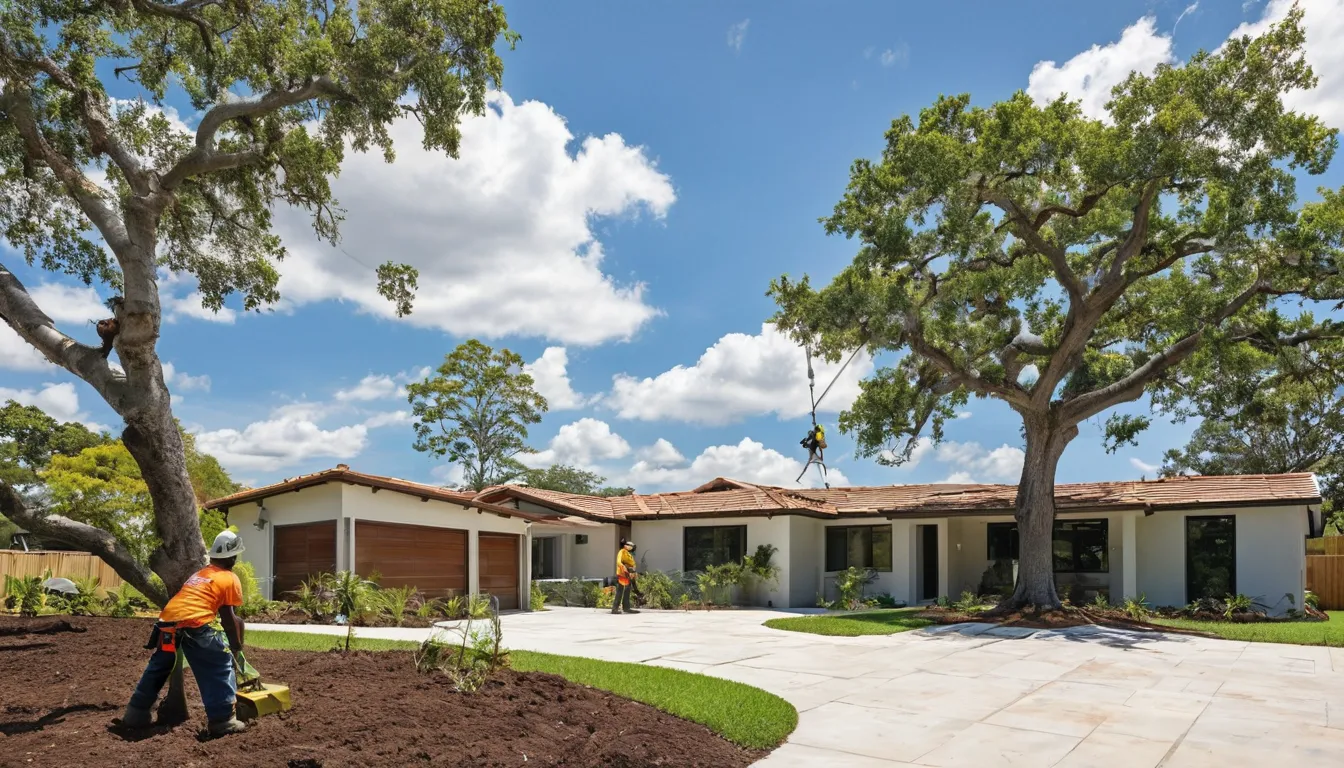 A tree removal provider safely cutting a large tree beside a home in Davie